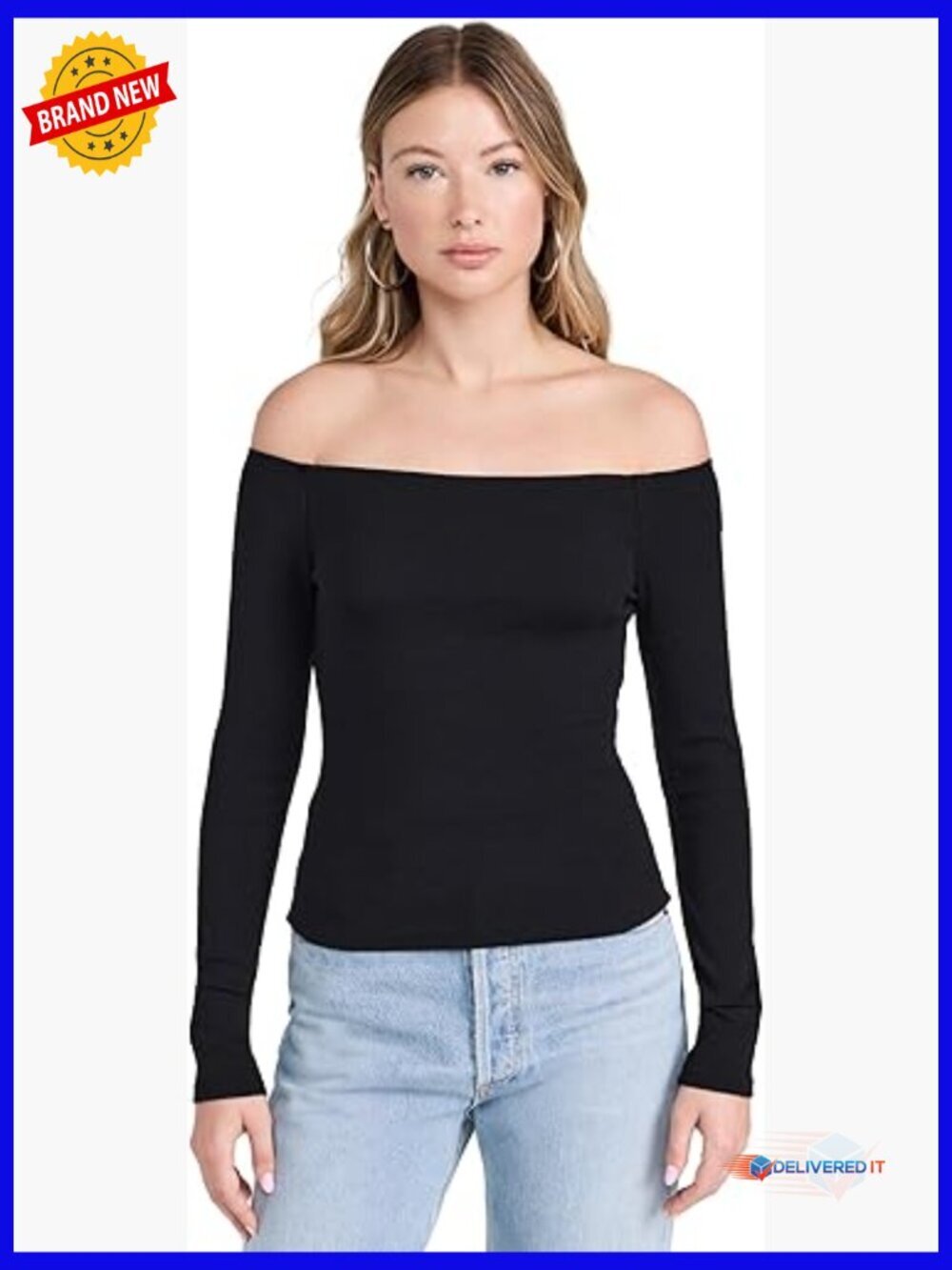 Off The Shoulder Long Sleeve Ribbed Knit Top Slim Fit